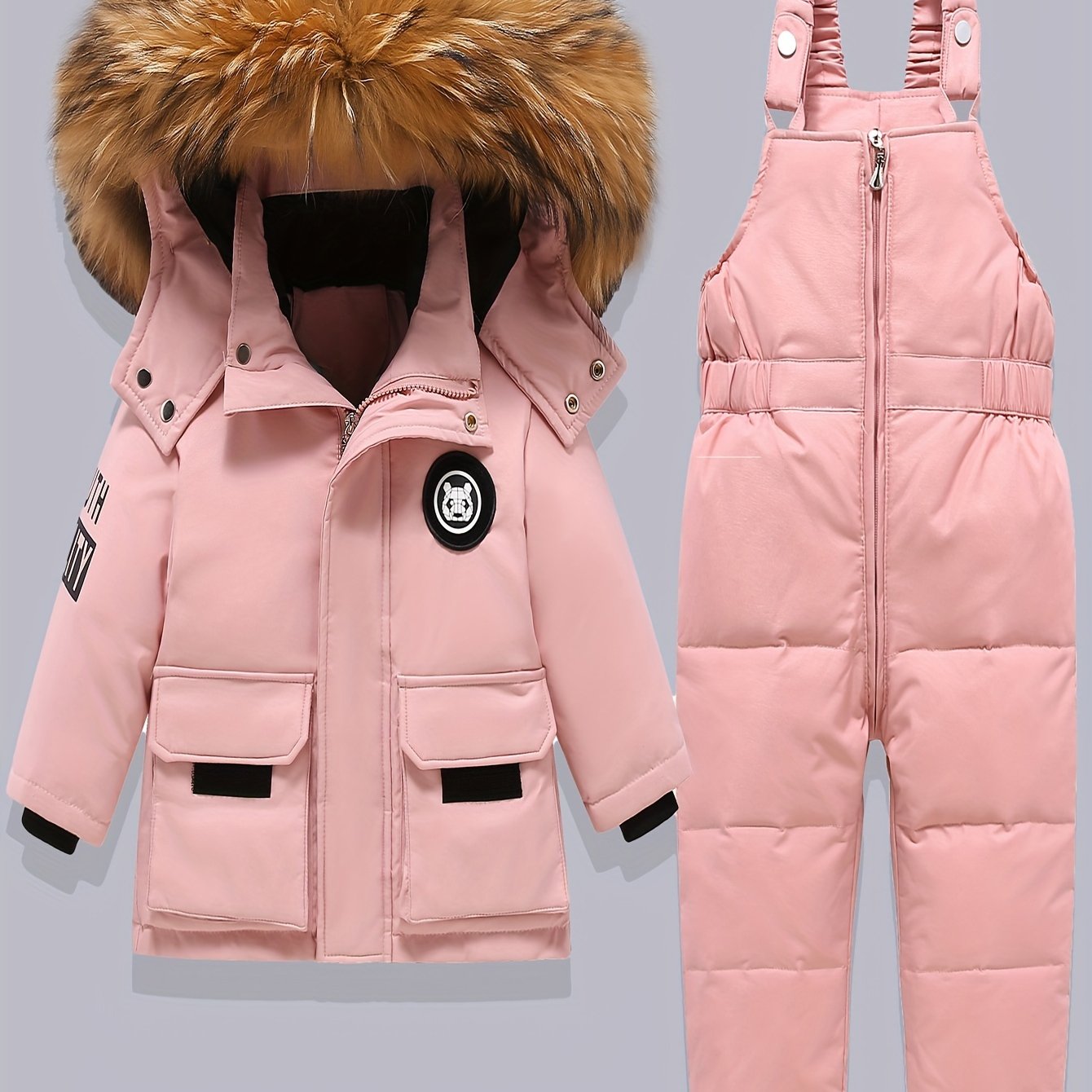 Kids Winter 2pcs Set: Girls Hooded Down Jacket and Pants in Pink, Duck Down Filled, Regular Fit, Non-Stretch Polyester, Woven Fabric, Ideal for Outdoor Activities.