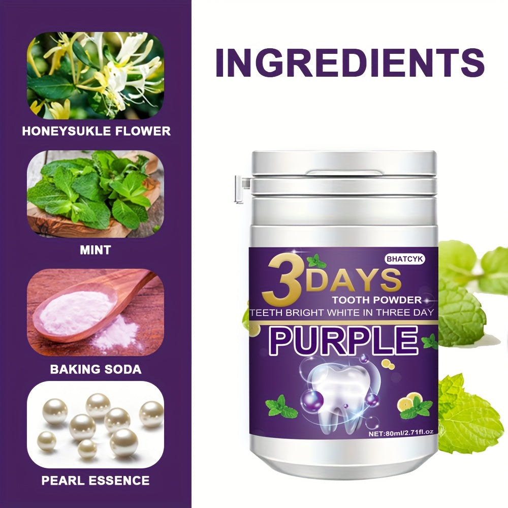 BHATCYK 3-Day Purple Teeth Whitening Powder fresh mint flavor 80ml/2.71oz for a brighter smile, daily use and travel.