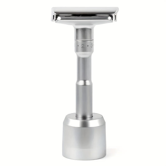 Vintage-style men's manual razor made of electroplated zinc alloy with double-edged blade and adjustable rotating stand for easy installation and cleaning.