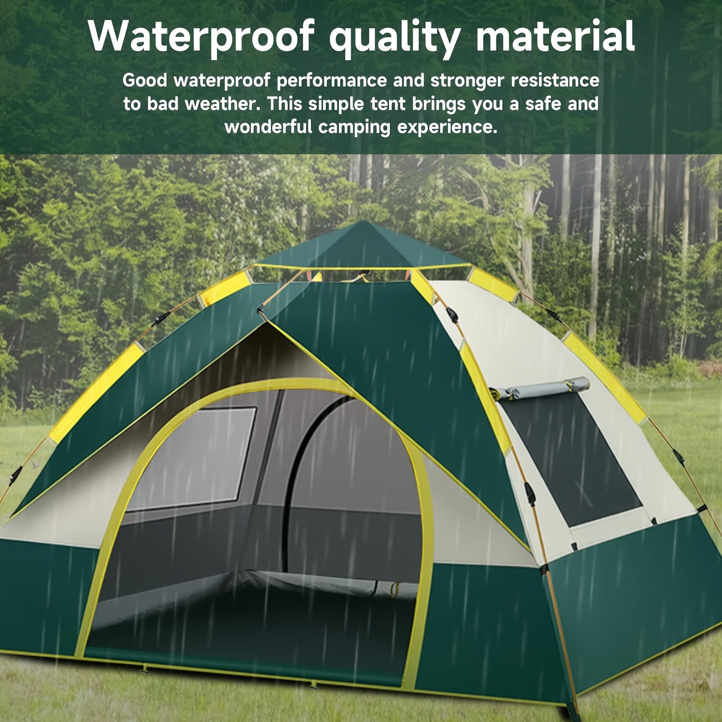 Waterproof and windproof family camping tent for 2-4 people with easy setup, ideal for hiking and travel. Includes storage bag, 8 ground pins, and 4 windproof ropes.