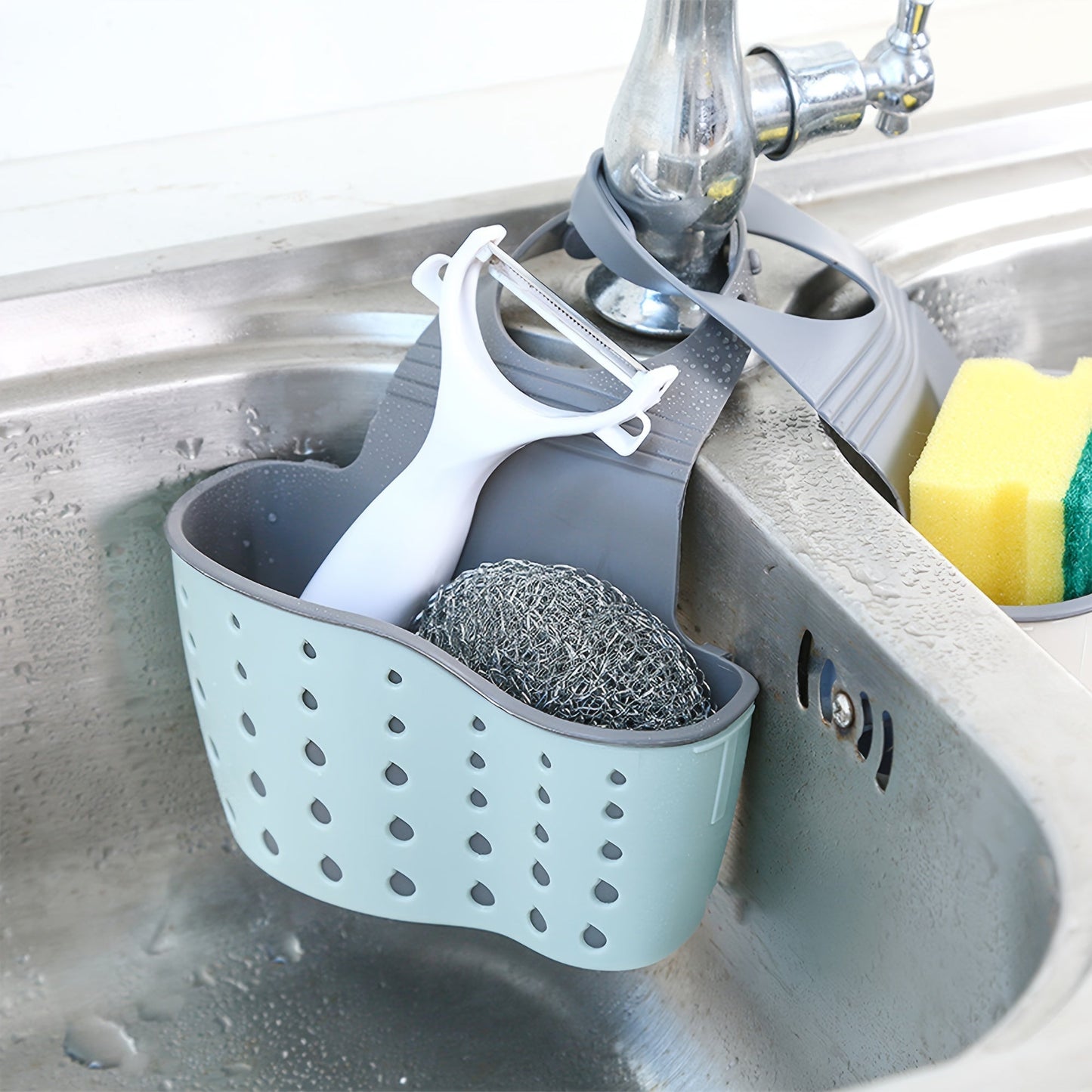 Storage bag that snaps on and adjusts to fit faucets, bathroom organizer rack, and sink caddy designed for kitchen use.