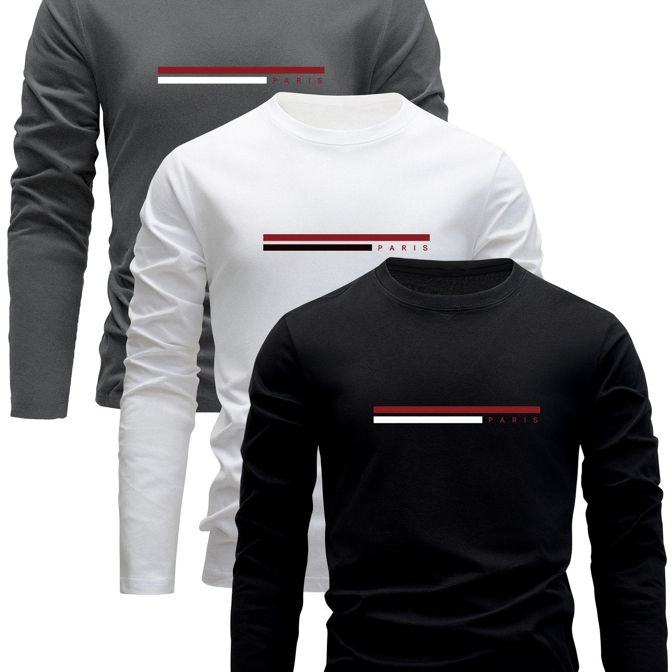 3 men's long sleeve cotton t-shirts for spring and fall, ideal for casual wear at home or out.