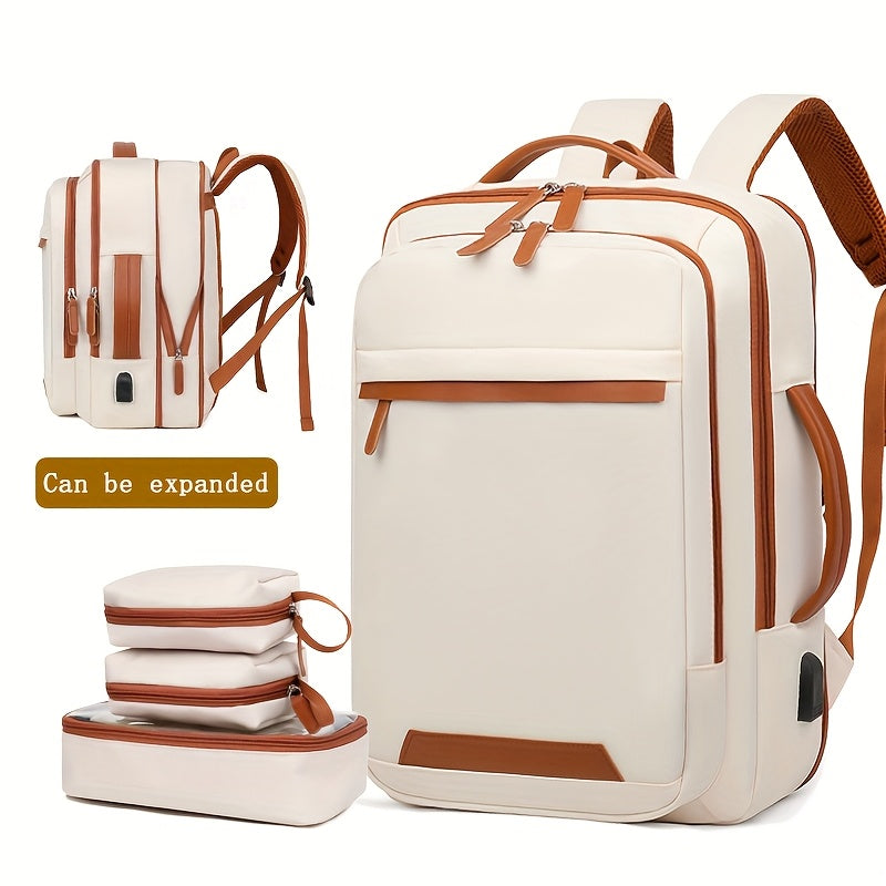 Expandable outdoor backpack with laptop compartment, wet/dry separation, ideal for students, business travel, and carry-on use.