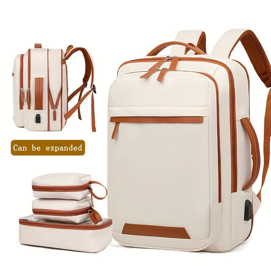 Expandable outdoor backpack with laptop compartment, wet/dry separation, ideal for students, business travel, and carry-on use.