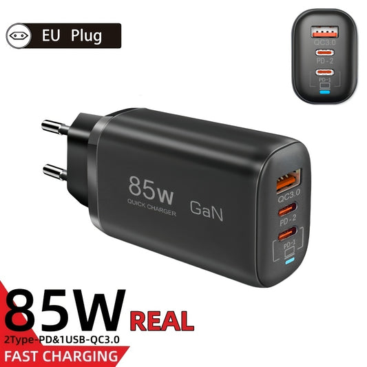 85W GaN charger with PPS PD, QC 3.0/4.0, USB-C fast charging for multiple devices, including Samsung, Xiaomi, iPhone, iPad, MacBook, and notebooks. EU plug universal desktop charger for