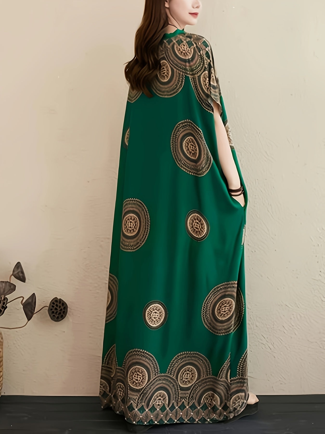 Boho V-Neck Maxi Dress with Pockets - Rayon, Printed Long Dress for Plus Size Women