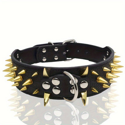 Fashionable leather dog collar with golden sharp spikes, suitable for medium and large dogs.