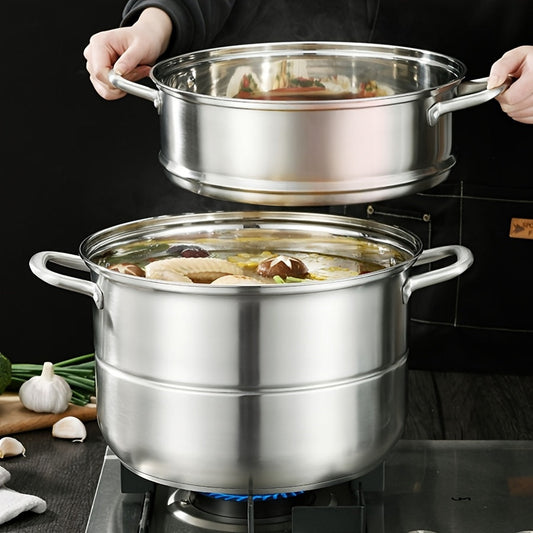 Large capacity 3-tier steamer made of durable 304 stainless steel. Features multi-level steaming baskets for vegetables, dumplings, and seafood. Compatible with induction and gas stoves.