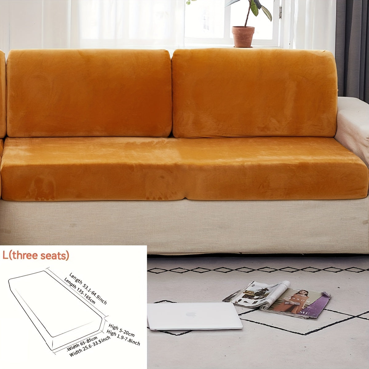 Golden Velvet Sofa Cover provides winter warmth and dustproof furniture protection. Easy to clean with elastic fabric, it offers full coverage and universal anti-slip design. Also serves as an anti-cat scratch back cover, cloth cushion cover suitable for