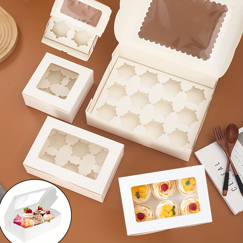 10 to 50 pieces of cupcake boxes in varying sizes (1, 2, 4, 6, 12 holes) with a transparent window. These white cardboard boxes are perfect for muffins, tarts, biscuits, snacks, desserts, and cakes. Ideal for use in cake houses, parties, bakeries, and as