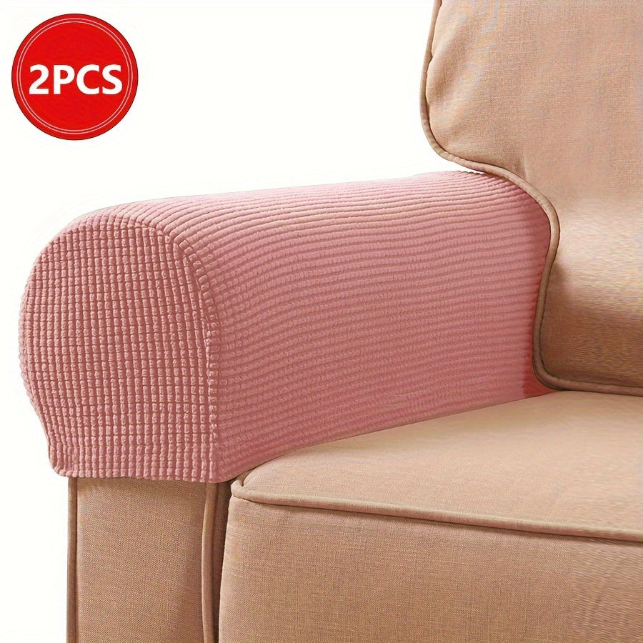 2 Stretch Armrest Covers made of durable spandex blend with plush texture. Scratch & dust resistant, and machine washable. Fits single to four-seater sofas & recliners in various colors.