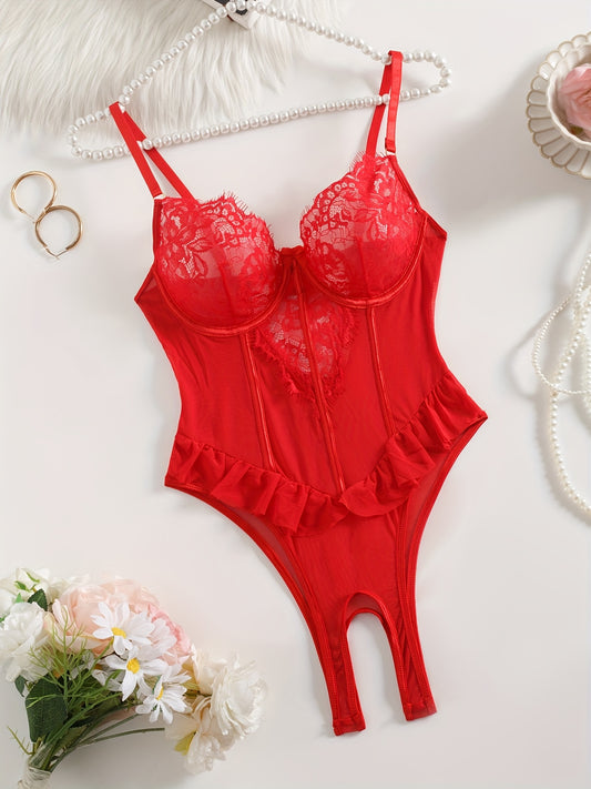 Red lace velvet teddy with ruffled detailing, underwire support, and high-cut, backless design. Features floral lace patterns, adjustable straps, and semisheer texture with lace trim.