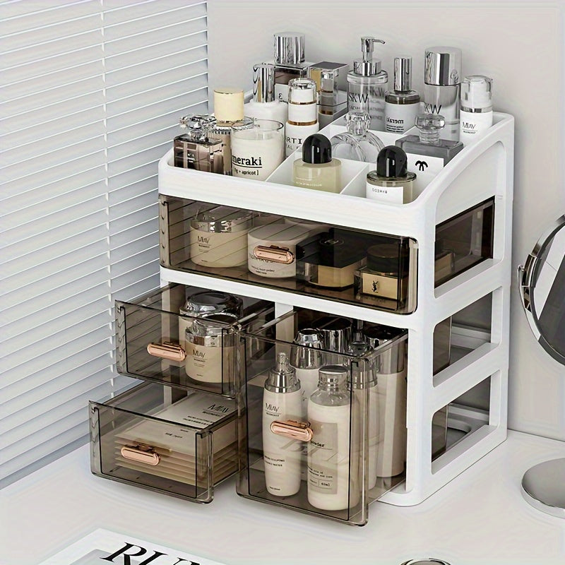 Large capacity plastic cosmetic organizer with drawers for skincare, makeup, and various essentials. Suitable for bathroom, bedroom, or kitchen storage.