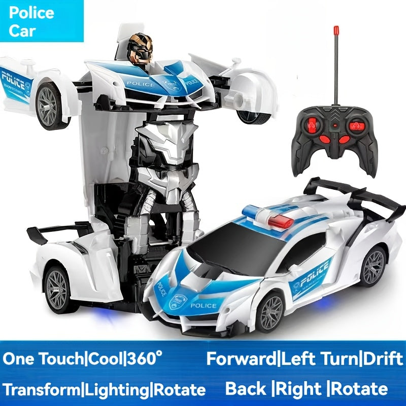 Kids Transforming RC Car Toy, ABS Plastic, One-Click Robot Drift Race Vehicle, Remote Controlled Sports Car, Police Car, Gift for Boys for Winter