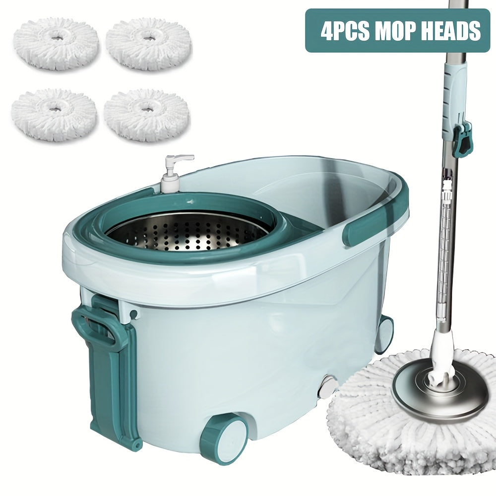 Premium Spin Mop and Bucket Set with Wrist Strap, Includes 4 Microfiber Replacement Heads, 2 Rolling Wheels, Hands-Free Floor Cleaning Kit for Living Room, Bedroom, Bathroom, and Kitchen - Made with Long-lasting Plastic Material