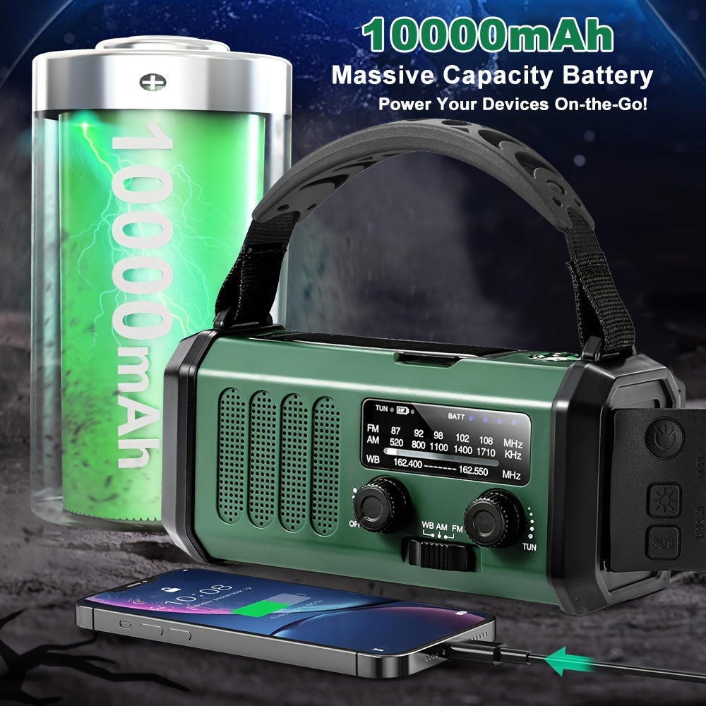 10000mAh Emergency Radio: Solar-powered, hand crank, NOAA AM/FM weather radio with flashlight, SOS alarm and phone charger.