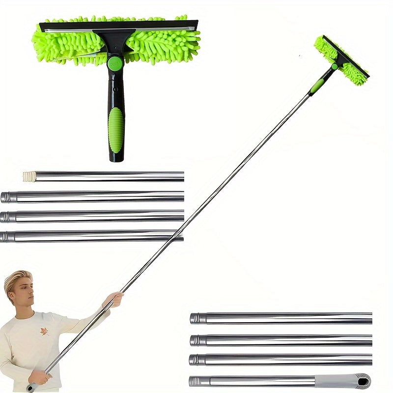 Chenille Microfiber Duster with Telescopic Glass Cleaning Pole - 2-in-1 Design, Adjustable Angle, Extends up to 5m, Suitable for Indoor and Outdoor Use, No Power Required, Perfect for Cleaning Glass, Stainless Steel and Resin Construction - Ideal for