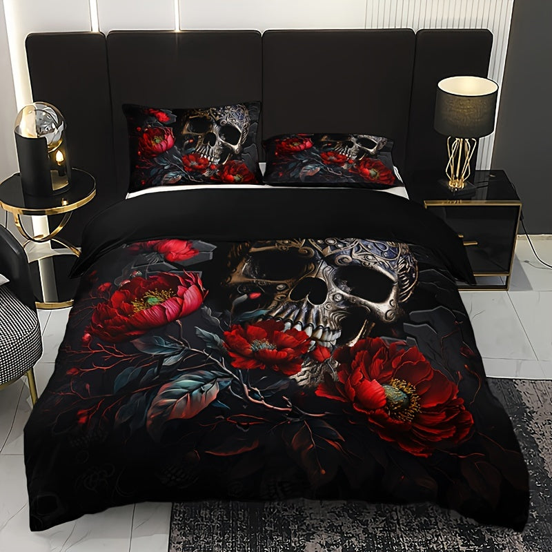 Gothic Skull Floral Duvet Cover Set - 3 Pieces (1 Duvet Cover + 2 Pillowcases, Pillow Inserts Not Included). Soft and Breathable HD Printed Bedding Set for Home and Dorm Decoration, Perfect for Halloween.