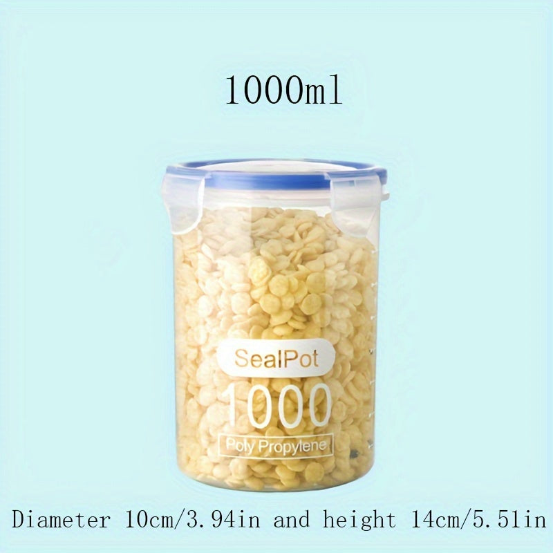 Transparent plastic storage container, 1000ml capacity, large bore, reusable, airtight, moisture-proof, and pest-resistant. This round container comes with a flip-lid and is ideal for storing kitchen grains, nuts, snacks, and organizing your home.