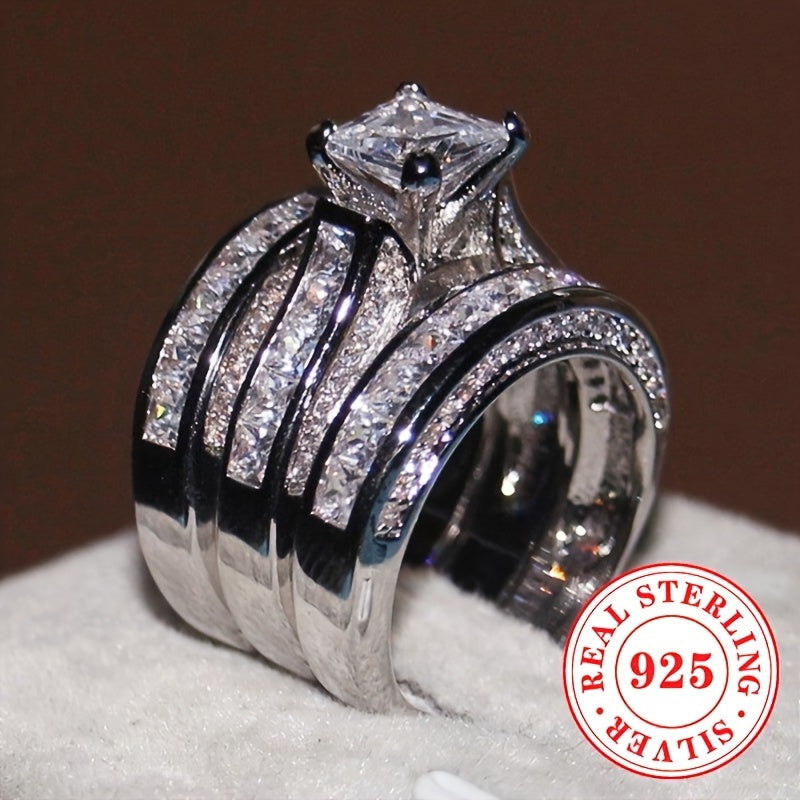 Gorgeous 3-piece Bridal Engagement Ring Ensemble Made of 925 Sterling Silver and Synthetic Cubic Zirconia. Features a Timeless 4-Prong Princess Cut Design, Perfect for April Birthdays. Ideal for Weddings, Proposals, Everyday Wear, and Suitable for All