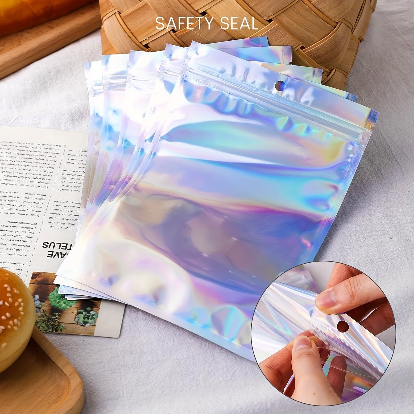 Holographic Zipper Bags with Clear Windows - Pack of 50 - Sealed, Odor-Proof Storage Solution for Cosmetics, Jewelry, and Small Items - Perfect for Small Businesses and Organizational Use