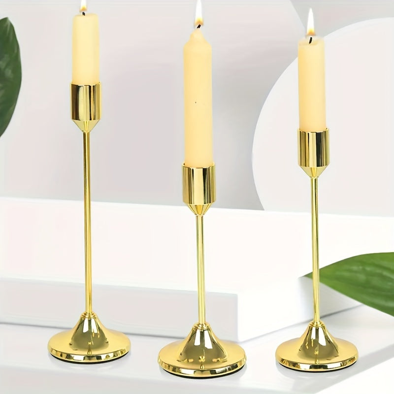 Set of 3 elegant metal candle holders in golden and rose golden finish, perfect for various festive occasions. Durable, easy to assemble, ideal for home and hotel decor. (Candles not included).