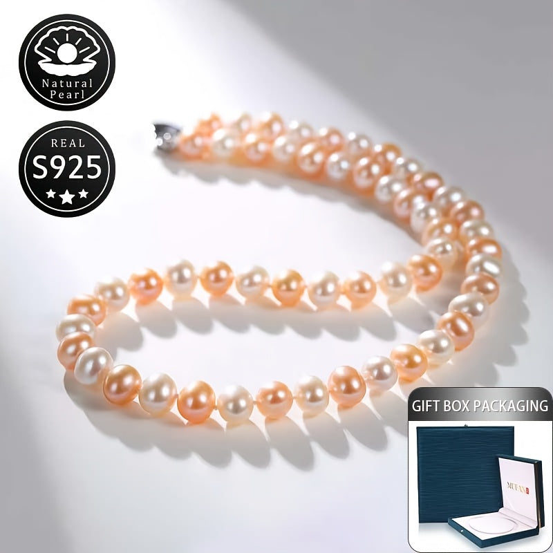 MUFAN Vintage Sexy Style Natural Freshwater Pearl Necklace - S925 Silver, 8-9mm, June Birthstone - Gift Box Included - Ideal for Daily Wear and Gifting - All-Season Jewelry for Women