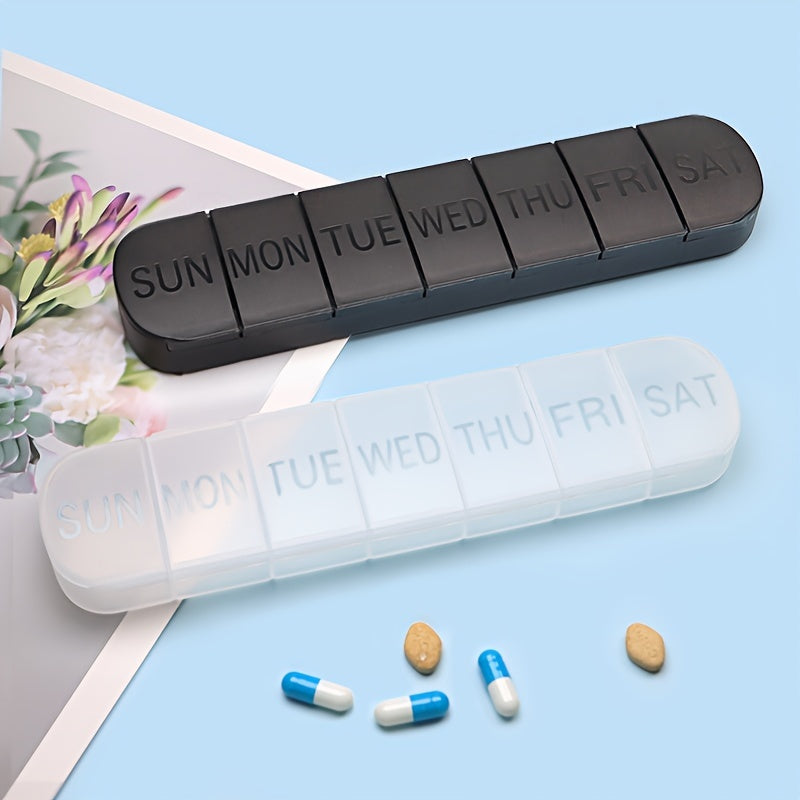 Large weekly pill organizer with 7 compartments for vitamins and fish oil, in a travel-friendly case.