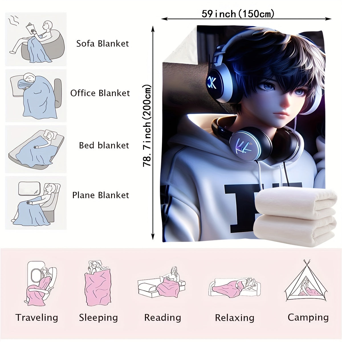 Modern Music Melody Headphones Throw Blanket - High-Quality Digital Print Polyester Throw Perfect for Any Setting, Great for Bedroom, Sofa, Car, and Travel - Lightweight and Comfortable Fabric, Simple and Stylish Design, Suitable for All Seasons.