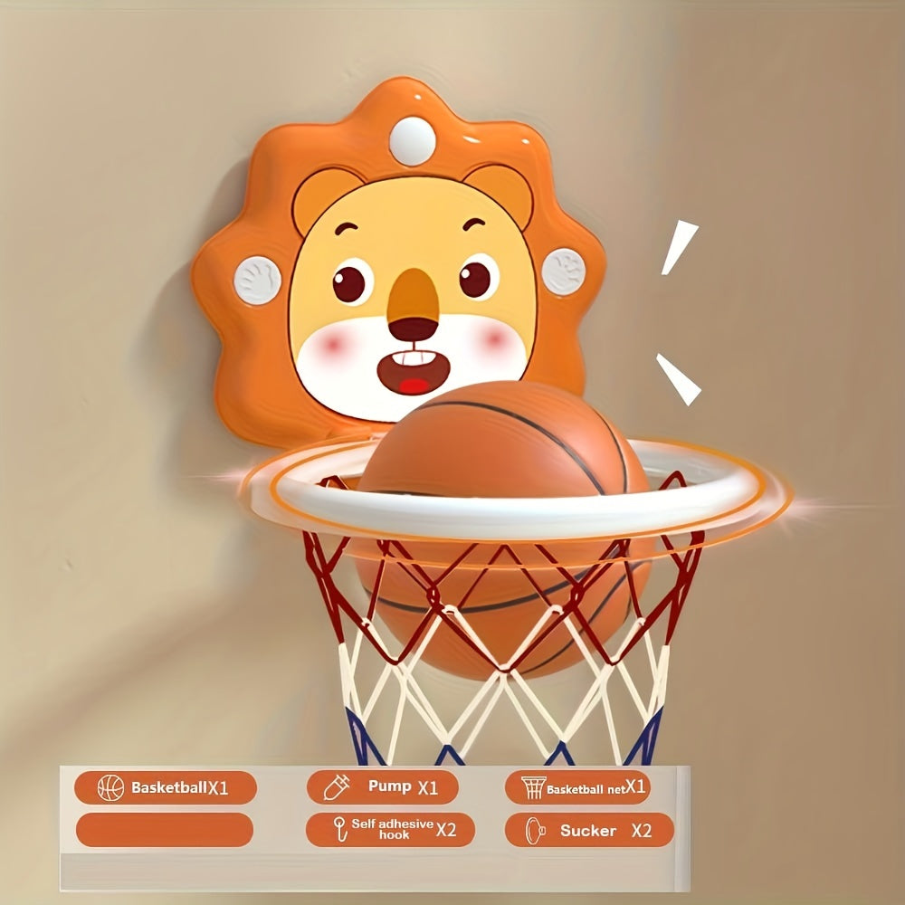 Kids' cartoon animal basketball hoop set for ages 3+ with mini balls, pump, and wall-mounted design for indoor/outdoor play.