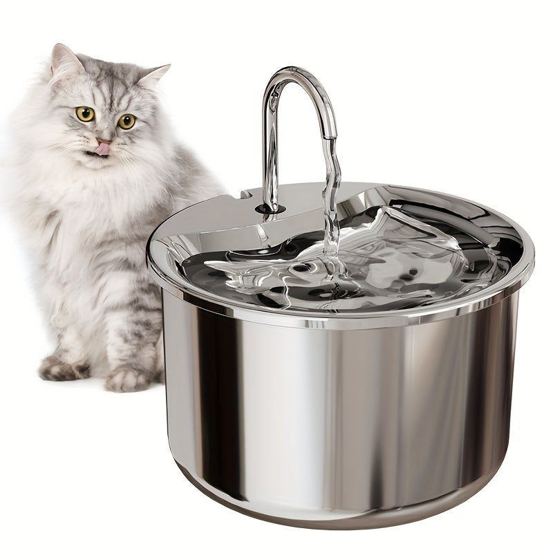 Stainless steel pet water fountain with USB power, quiet automatic dispenser for cats and dogs, splash-proof basin for increased water intake, no batteries needed.