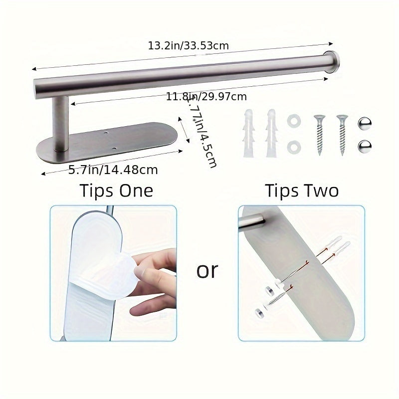 Paper Towel Holder for Under Cabinet Mounting, Versatile Silvery Design with Optional Drilled or Self-Adhesive Installation, Stainless Steel Holder for Paper Towel Rolls, Ideal for Kitchen, Pantry, or Bathroom Organizing