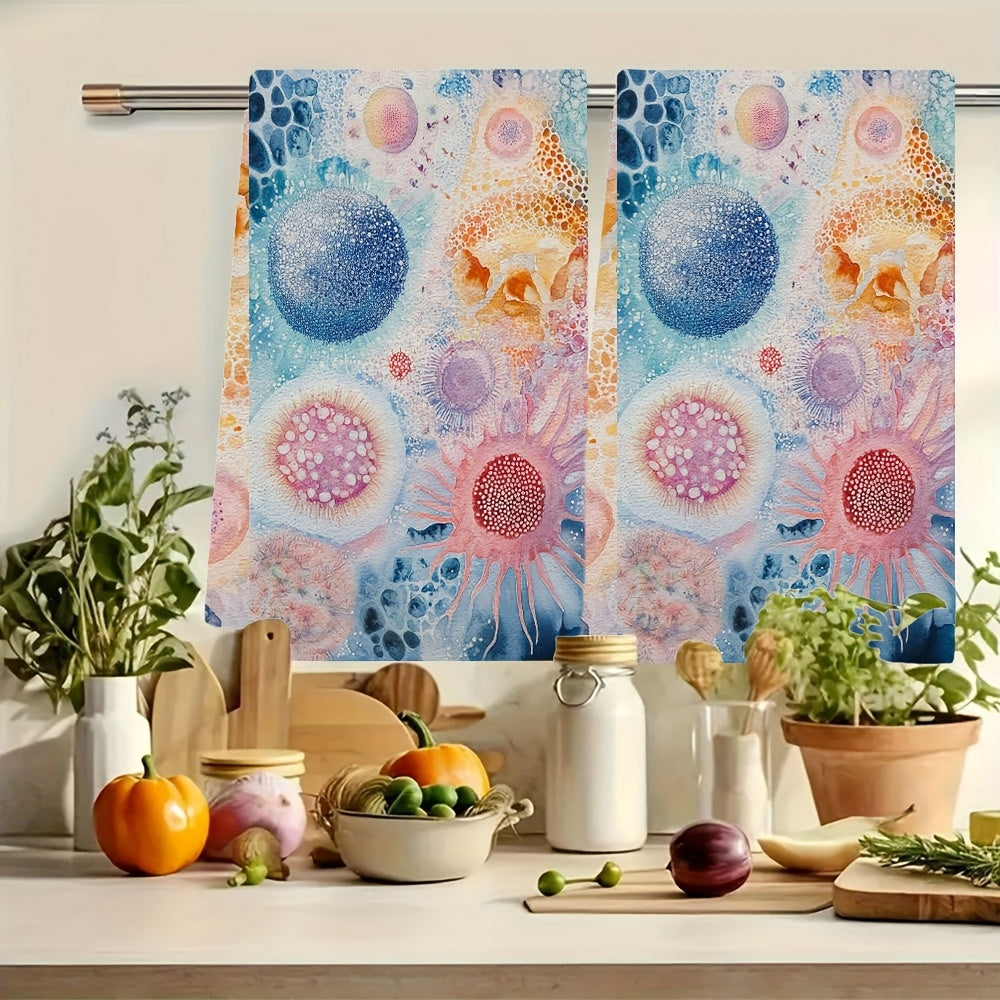 Two ultra soft kitchen towels featuring a design of eukaryotic vs prokaryotic cells. These highly absorbent and machine washable dish hand towels showcase a vibrant marine life theme. Measuring 40.64x60.96 cm, they are the perfect addition to your