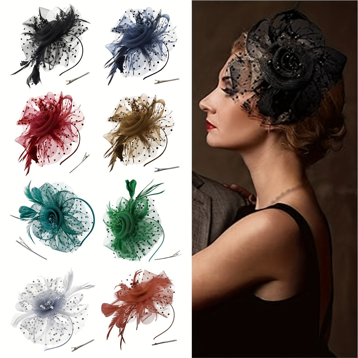 Women's Vintage Chic Fascinator Hat - Elegant 50s & 60s Style with Beautiful Mesh Flower, Feathers, and Clip Headband - Ideal for Tea Parties, Derby Days, Weddings, and Retro Gatherings