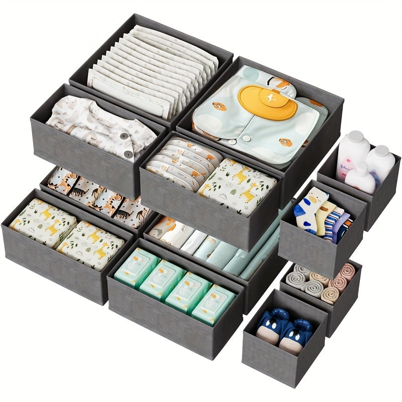 12-piece cloth drawer organizer made of non-woven fabric with zipper, suitable for socks, bras, towels, ties in beige color.