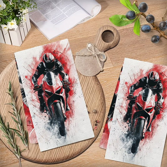 Two Ultra Soft Kitchen Towels with Motorcycle Race Track Design, Exceptionally Absorbent & Easy to Clean Dish Hand Towels, Modern Contemporary Style, 40.64x60.96 cm - Ideal for Holiday Decorating and Kitchen Use