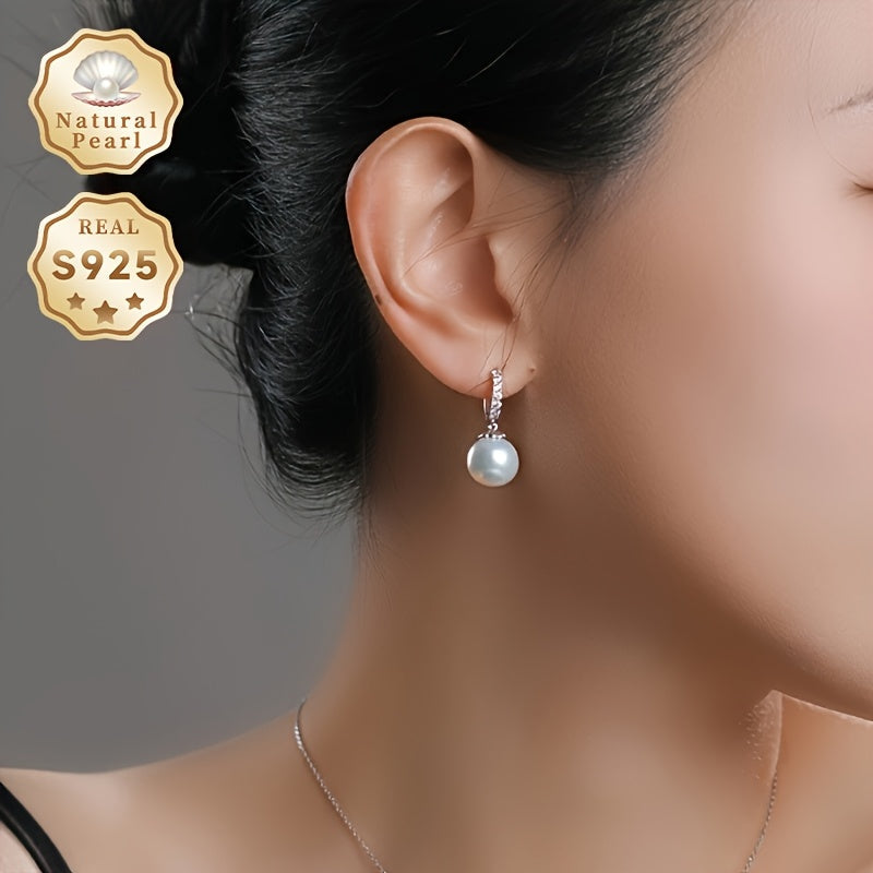 Women's fashionable dangling earrings made with a pair of 10-11mm large particles of slightly flawed round natural freshwater pearls. These earrings feature S925 silver and come in a Yunxi gift box. Please note that due to the natural gemstones used