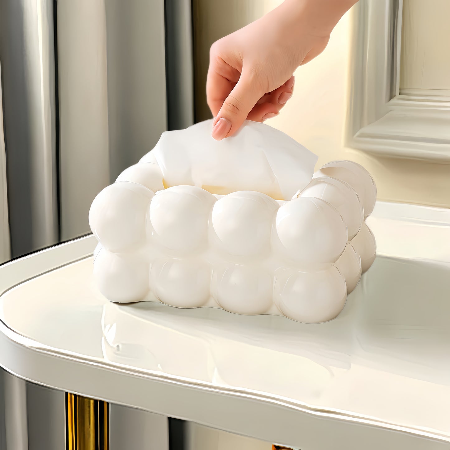 Tissue box holder for home storage and decor, suitable for various rooms.