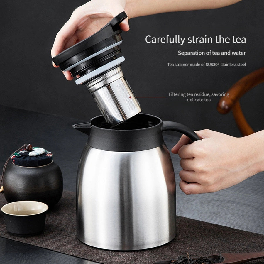 Thermal coffee pot set made of stainless steel includes a filter pot, thermal bottle, coffee cup, tea pot with net, leaky grid tea pot with filter net, thermal pot, cold pot, suitable for use in restaurants, hotels, households, and commercial settings.