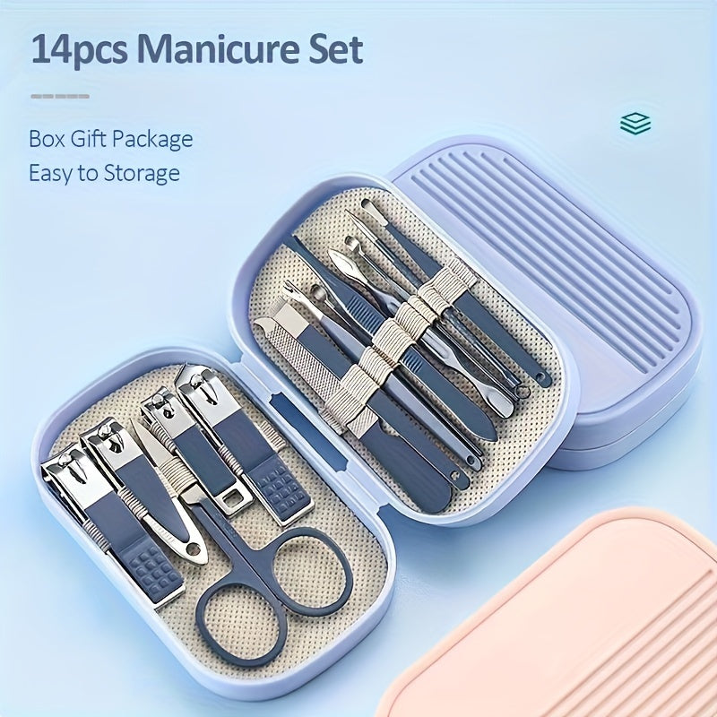 Portable nail art tool set for home use including nail clippers, ear spoon, acne needle, and nail beauty tools.