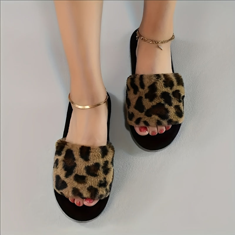 Leopard print slippers for women, cozy indoor shoes.