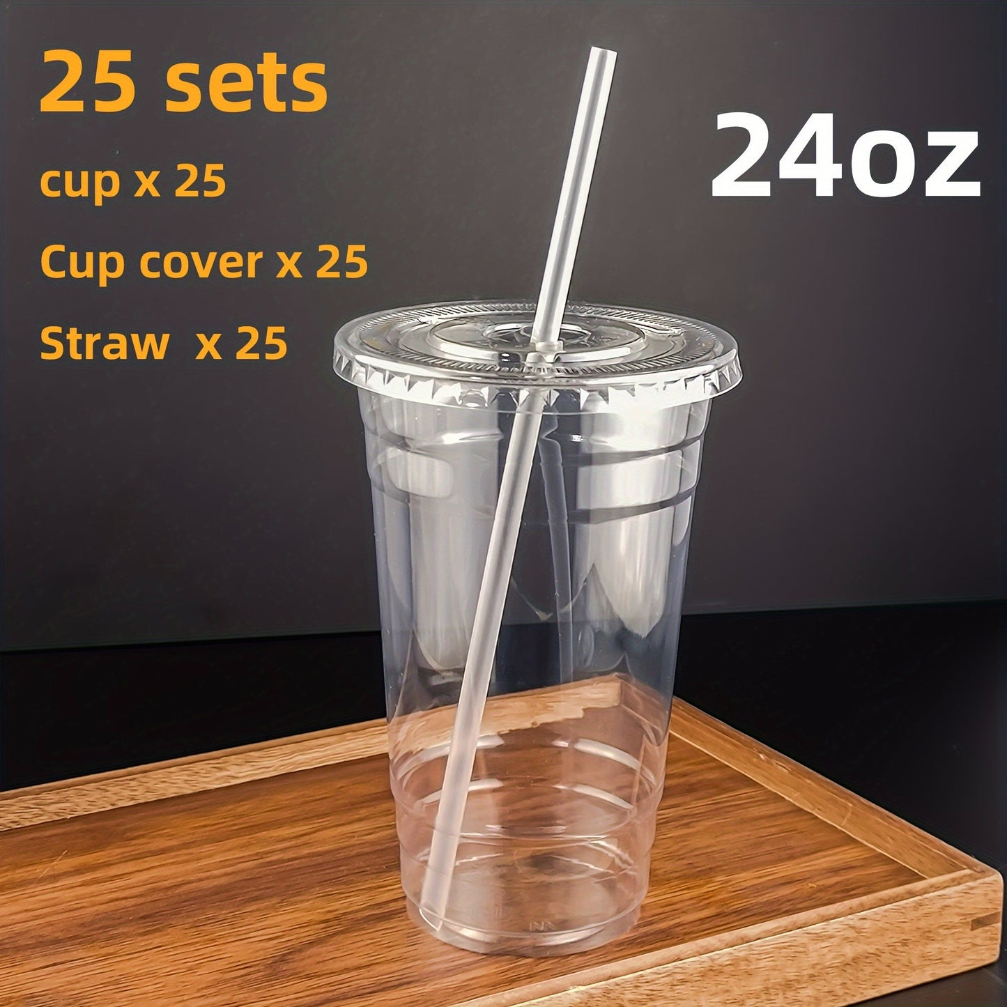 Get 25 sets of 24oz clear plastic cups with lids and straws, made from PET material. These cups are perfect for iced coffee and cold drinks, great for summer, outdoor events, and on-the-go drinkware.