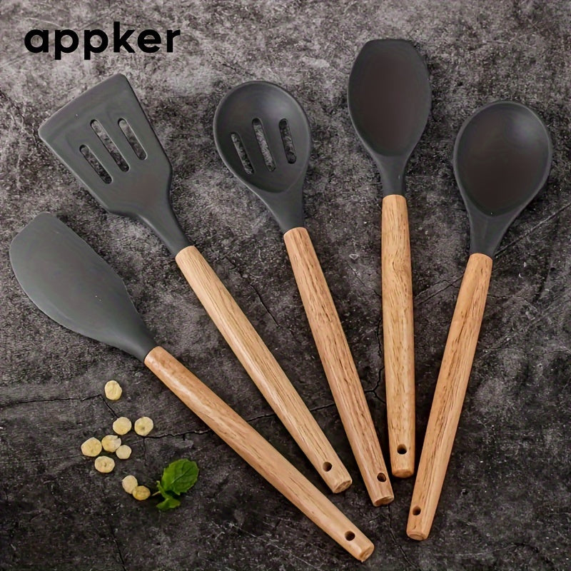 Appker's 5-piece Silicone Kitchen Utensil Set features Non-Stick, Safe Cooking Tools with Wooden Handles. Washable and Modern, this set is Perfect for Home Chefs.