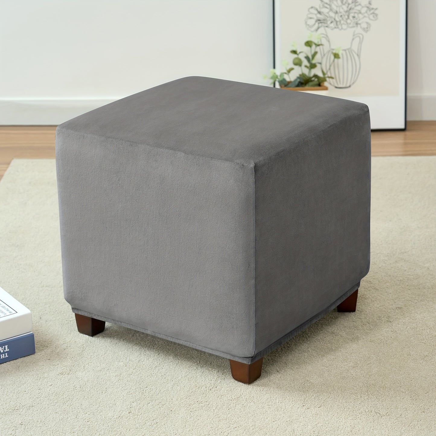 Velvet square ottoman cover for storage stool, with elastic and all-inclusive design.