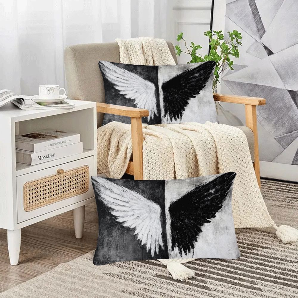 Set of Two Contemporary Black and White Angel Wings Pillow Covers, Casual Polyester Square Cushion Cases with Zipper Closure, Easy to Clean in Washing Machine, Versatile Decorative Pillowcases for Sofa, Bed, or Outdoor Use - Filler Not Included