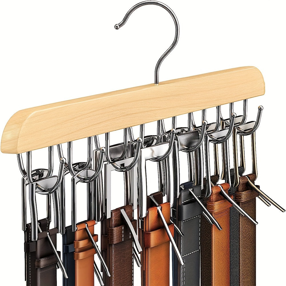 Wooden belt rack with 14 hooks saves space - perfect for organizing belts, ties, scarves, and more. Can hold up to 42 items. Great for home storage, suspenders, hats, and organizing your wardrobe.