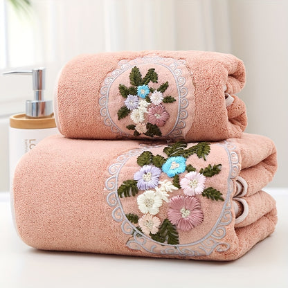 Self-gauze Flower Bath Towel + Towel,2pcs set includes Flower 1pc Bath Towel and 1pc Bath Towel, Thickened Soft Striped Bath Towel. Absorbent and quick-drying, suitable for swimming and