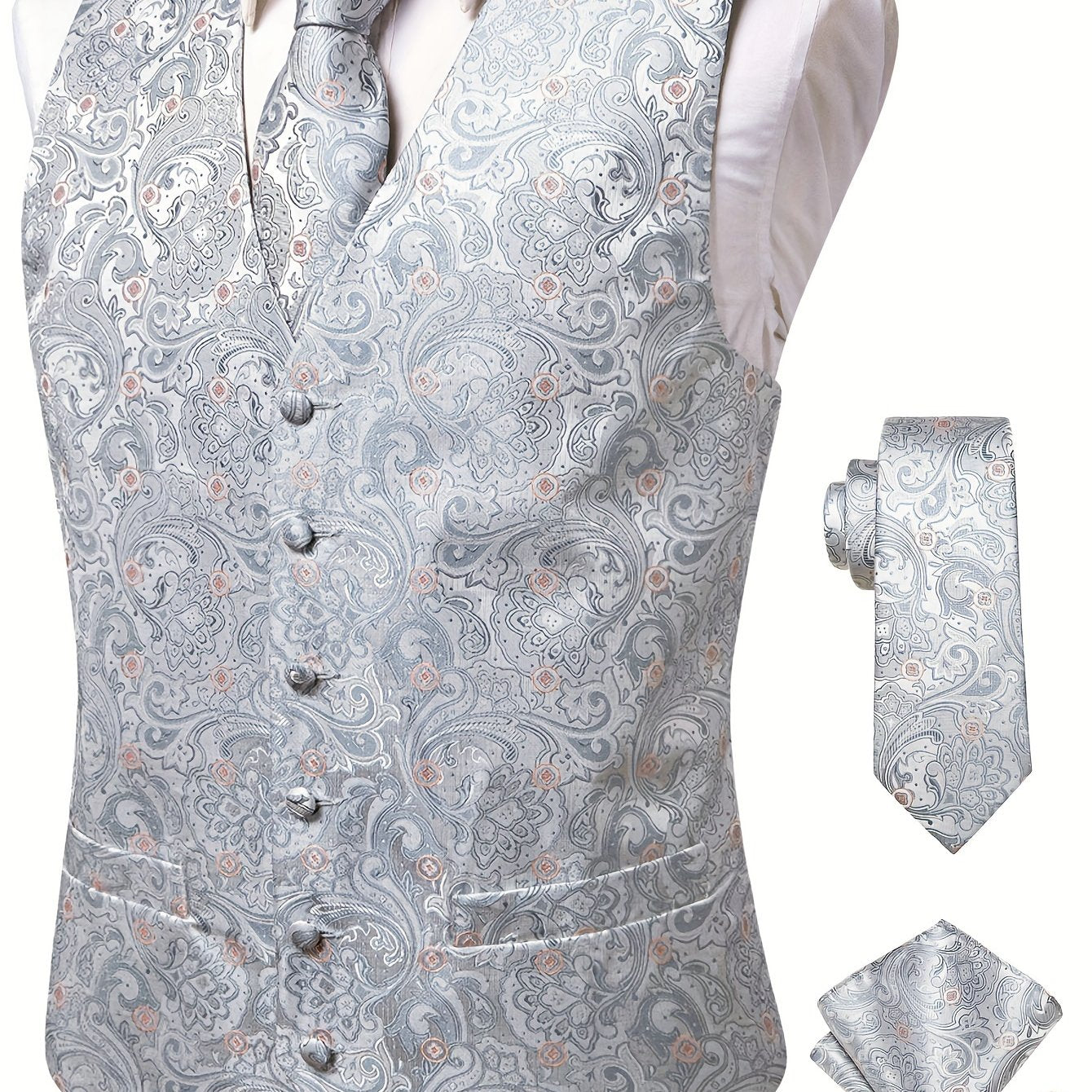 White paisley pattern accessories for big men: waistcoat, necktie, hanky, and cufflinks