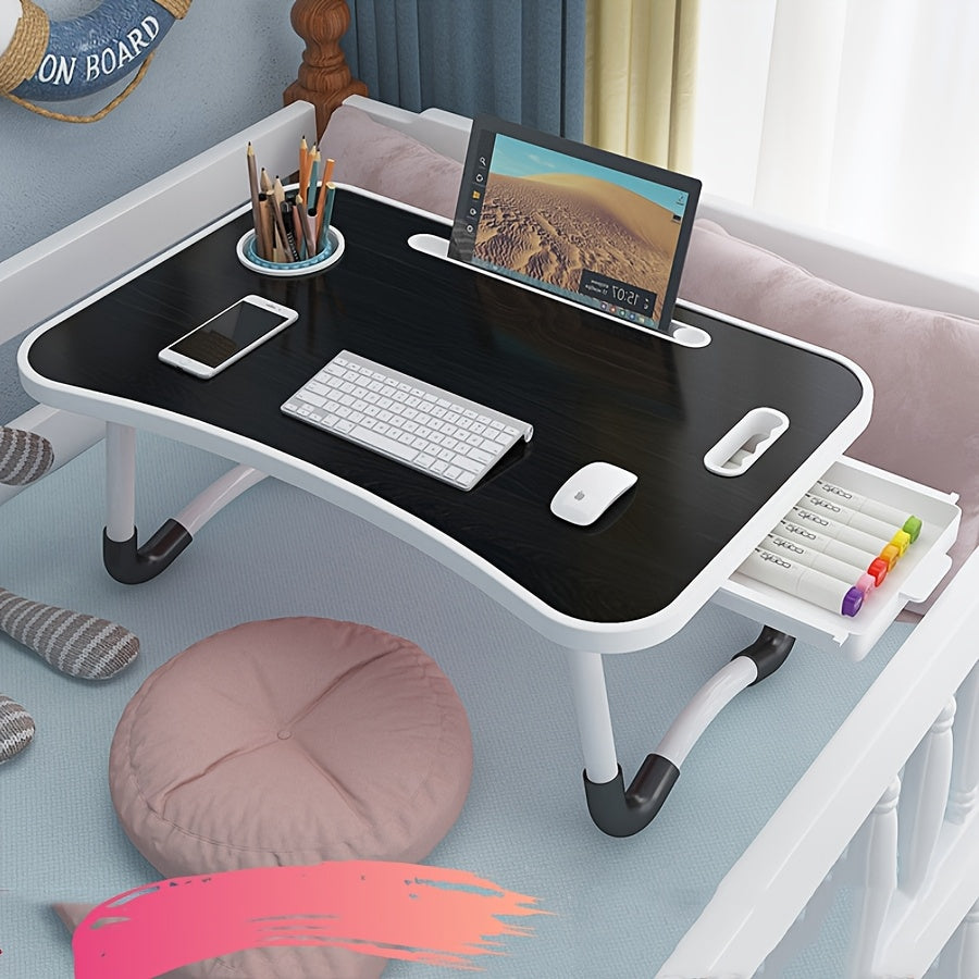 Large portable laptop bed desk with cup holder and drawer, great for eating, reading, and writing in bed, on sofa, or on floor.