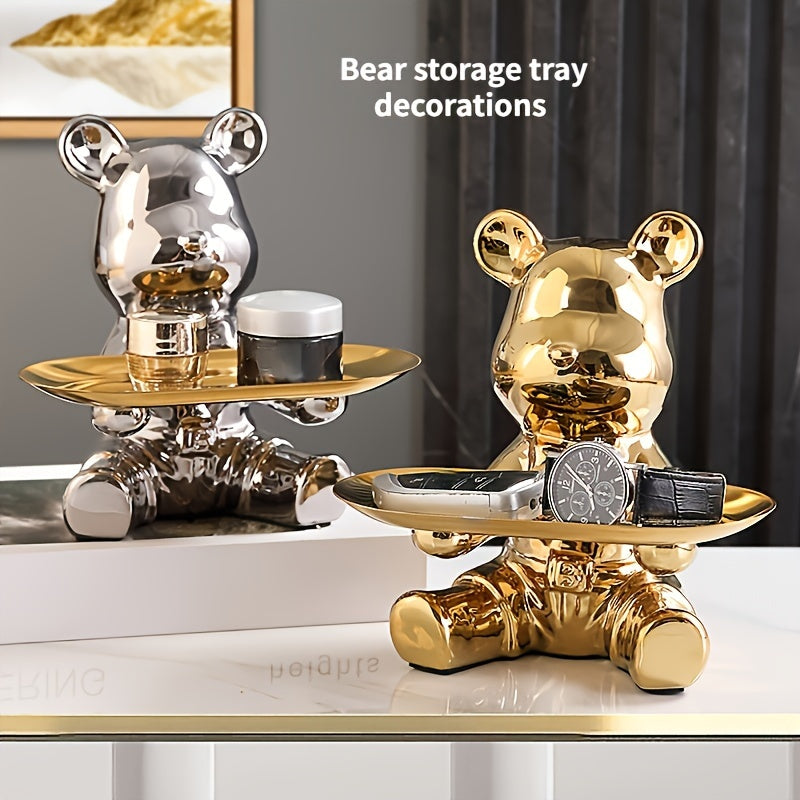 Ceramic bear figurine with metal tray - modern home decor and key organizer.